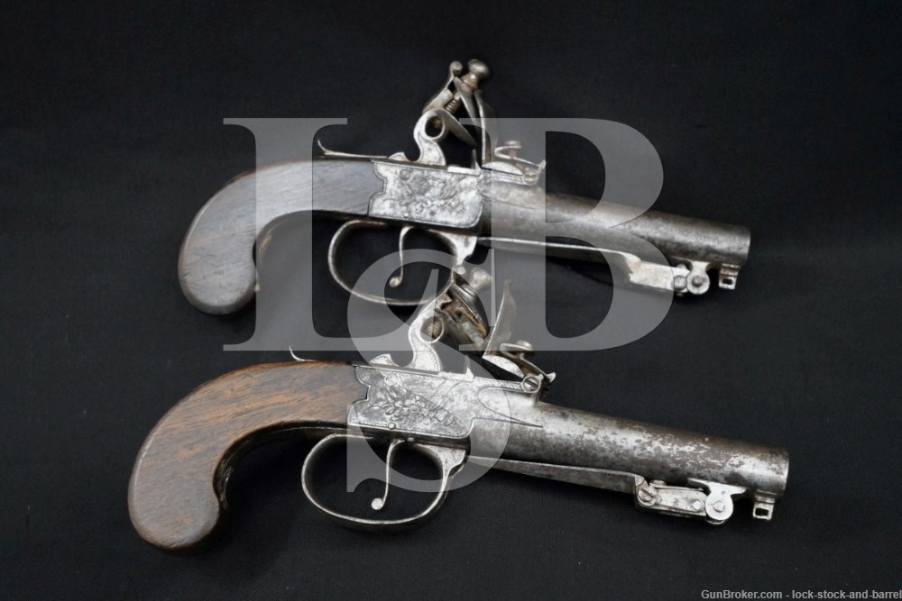 Pair J.&W. Richards London Flintlock Bayonet Pistols .44 Cal 3.25″ Antique