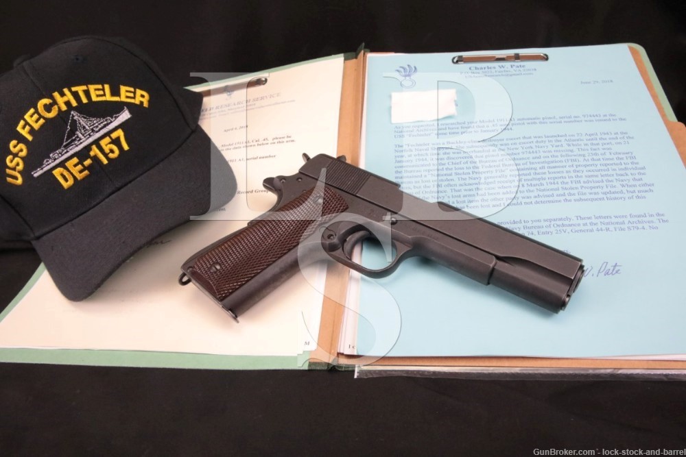 Documented USS Fechteler Remington Rand M1911A1 Semi-Auto Pistol, 1943 C&R WWII US U.S. Navy DE-157 Du-Lite 1911-A1 .45 ACP