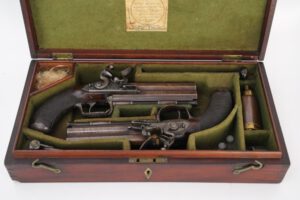 DURS EGG CASED PAIR PRESENTATION OVER UNDER FLINTLOCK PISTOLS