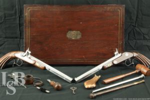 Engraved Spanish Dueling Pistol Pair W/ Accoutrements .44 Cal
