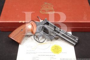 Factory D Engraved Colt Python Model Blue 4" .357 Magnum Revolver, MFD 1977 Custom Shop Presentation Case & Letter, I3640