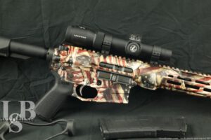 WOA#: WY240312JC013 Make: Savage
Model: MSR 15 American Flag
Serial Number: 09-003121
Year of Manufacture: Modern
Caliber: 5.56 / .223
Action Type: AR 15 pattern, direct impingement, Semi automatic Rifle fed by detachable magazines.
Markings: The top of the barrel is marked “CAL 223/5.56 / TWIST 1:8”. The left side of the receiver is marked “SAVAGE MSR-15 / CAL: MULTI / 09-003121”, and “SAVAGE ARMS, WESTFIELD, MA USA”. The stock, grip and magazines are marked with MAGPUL Markings. The Scope is marked “LEUPOLD” and “VXR PATROL 1.25-4x20”
Barrel Length: 16”, 17.75” with A2 flash hider.
Sights / Optics: This rifle has a full length picatinny rail. The rifle has a Leupold VXR Patrol 1.25-4 power scope mounted to it via two rings. The Low power variable optic (LPVO) has a second focal plane crosshair with circle dot reticle, and a very clear sight picture. At the time of inspection the scope had no battery installed.
Stock Configuration & Condition: The stock is a Magpul MOE CTR Black stock and the pistol grip is a Magpul MOE grip. The handguard is a 13.5 inch M-Lok handguard. There is almost no handling wear present on this rifle. Overall the rifle rates in Excellent Condition.
Magazine Quantity & Condition: This rifle includes one 30 round Gen 2 MOE Magpul magazine in Like New condition.
Type of Finish: Dipped American Flag
Finish Originality: Original
Bore Condition: The bore is bright and the rifling is sharp. There is no erosion in the bore. This rifle appears unfired. In this writer’s opinion the bore rates 10/10
Overall Condition: This rifle retains about 99% of its metal finish. The balance of the finish shows almost no wear. The screw heads are sharp. The pins are unmarred. The markings are clear. Overall, this rifle rates in about Excellent to Like condition.
Mechanics: The action functions correctly. We did not fire this rifle. As with all used firearms, a thorough cleaning may be necessary to meet your maintenance requirements.
Box, Paperwork & Accessories: This rifle includes one magazine and the mounted LPVO with Bikini style scope caps.
Our Assessment: The Savage MSR 15 American Flag Edition is a distinctive and high-performance variant of the popular MSR 15 series. This rifle combines patriotic aesthetics with advanced engineering to deliver a versatile and reliable firearm, particularly well-suited for tactical, sporting, and defense applications. When paired with the Leupold VXR Patrol Low Power Variable Optic (LPVO), it becomes an even more formidable tool, enhancing accuracy and target acquisition capabilities. The American Flag Edition of the Savage MSR 15 features a striking patriotic design, with the American flag motif prominently displayed on the rifle's finish. The Savage MSR 15 is built on a direct impingement gas system, known for its simplicity, reliability, and ease of maintenance. The rifle features a 16-inch barrel made from high-quality materials, ensuring durability and accuracy. Chambered in 5.56 NATO, the MSR 15 provides compatibility with a wide range of ammunition types while delivering excellent ballistic performance. The 5.56 NATO cartridge is known for its versatility, making the MSR 15 suitable for various applications, from tactical training and competition to home defense. Equipped with a two-stage trigger, the rifle offers a smooth and consistent pull, enhancing accuracy and control. The addition of the Leupold VXR Patrol LPVO significantly enhances the capabilities of the Savage MSR 15 Recon. The VXR Patrol is a low power variable optic, offering a magnification range such as 1.25-4x, making it ideal for both close-quarters and medium-range engagements. The optic features a FireDot reticle, which is illuminated for quick target acquisition in low-light conditions. Leupold optics are renowned for their clarity, durability, and reliability. Whether used for tactical training, competitive shooting, or home defense, this setup offers the shooter excellent performance and adaptability. The Savage MSR 15 American Flag Edition with a Leupold VXR Patrol LPVO is a high-quality, versatile, and visually striking rifle. It combines the reliability and performance of the Savage MSR 15 platform with the precision and adaptability of Leupold optics. This combination makes it an excellent choice for shooters who value both functionality and aesthetics, whether for tactical use, sport shooting, or personal defense. Please see our photos and best of luck with your bidding!!!-R.L.