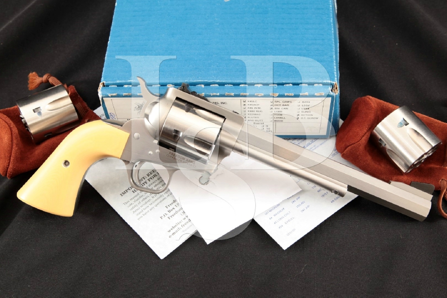 Freedom Arms Model 83 Premier Grade, .45 ACP / Colt Cylinders & Factory Work, Stainless 7 1/2" 5-Shot Single Action Revolver, Box & Much More