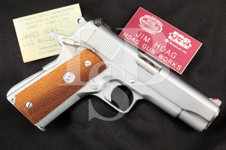 Jim Hoag Custom Colt Model Series 70 1911 Combat Commander, Hard Chrome 4 ¼” SA Semi-Automatic Pistol & Name Tags, MFD 1976