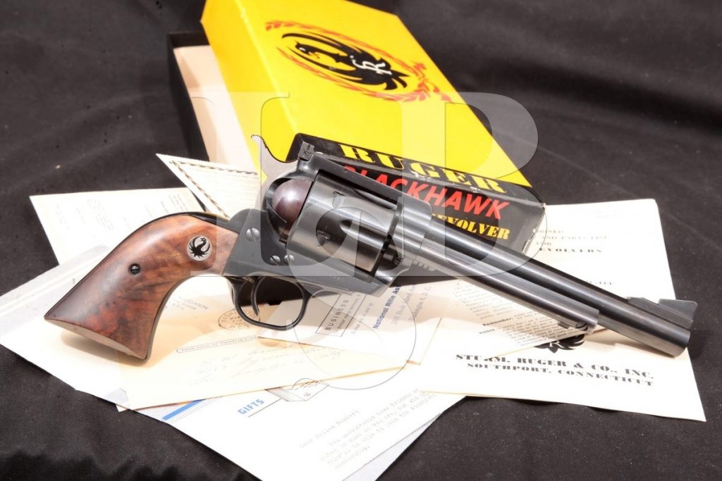 Sturm, Ruger & Co. Old Model Blackhawk Three-Screw Pre-Warning Four Digit, Blue & Black 6 1/2" Single Action Revolver & Box, MFD 1958 C&R .44 Mag.